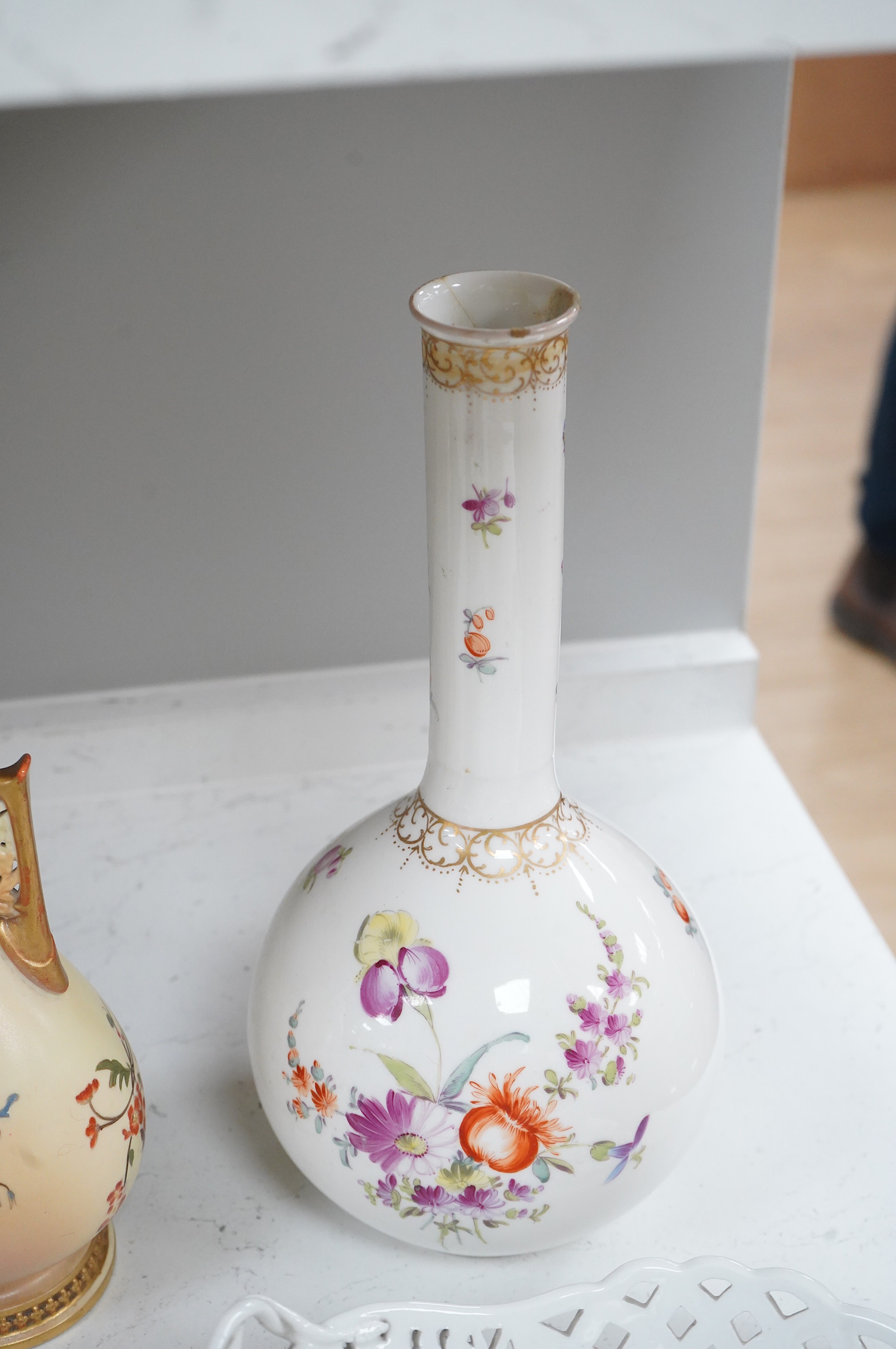 A 19th century Derby tureen and cover, a pair of Royal Worcester blush vase-26cm high, a Belleek basket and cover, a Wedgwood blue Jasperware cheese dish and associated cover, two continental baskets and vase. (7).